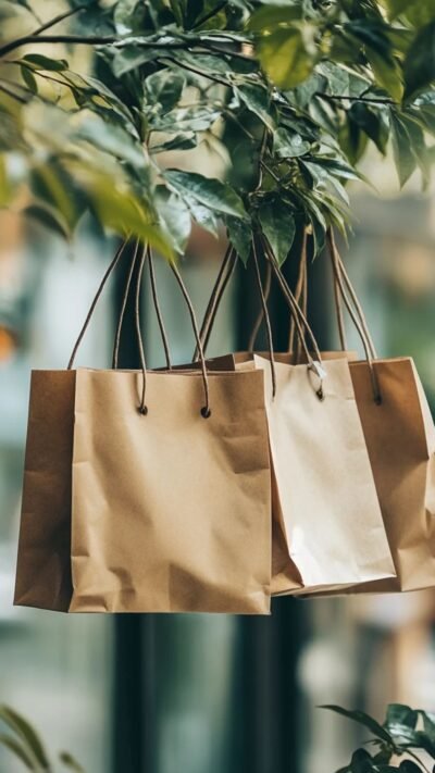 Pochettes et sacs en carton recyclable accrochés à un arbre, illustration écoresponsable