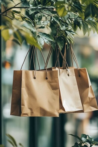 Pochettes et sacs en carton recyclable accrochés à un arbre, illustration écoresponsable